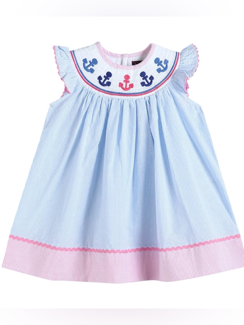 NWT lil cactus Girls baby pink blue stripe bishop smocked dress Nautical Anchor